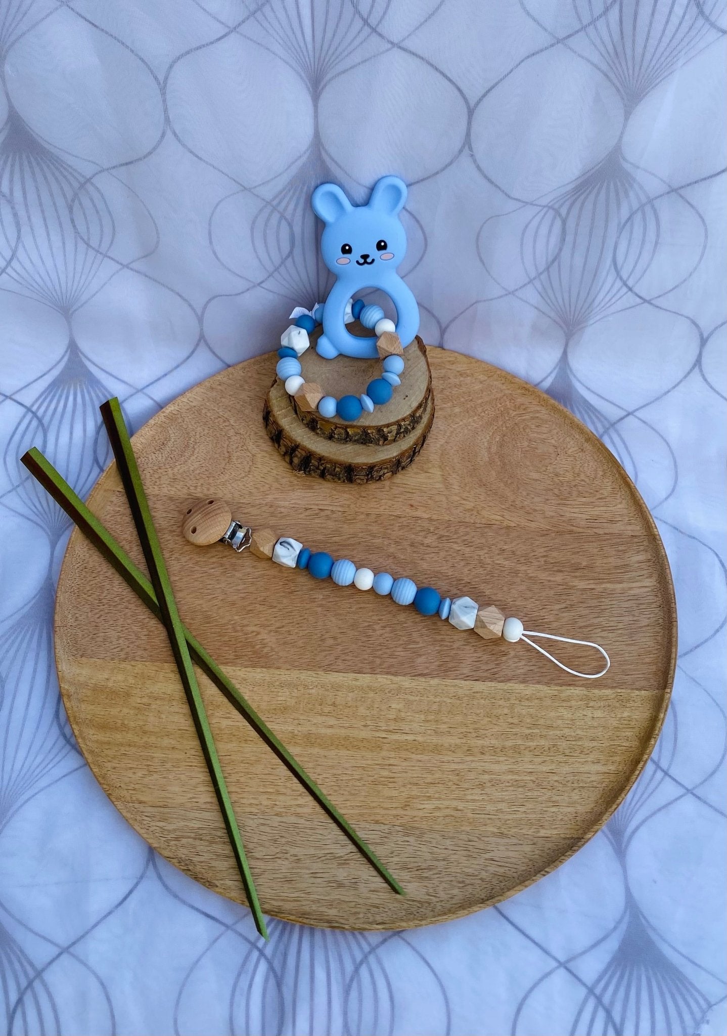 Coffret duo Lapin bleu & attache - sucette - Mamour Créa