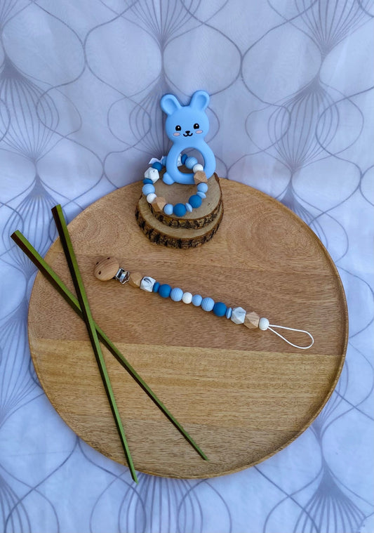 Coffret duo Lapin bleu & attache - sucette - Mamour Créa
