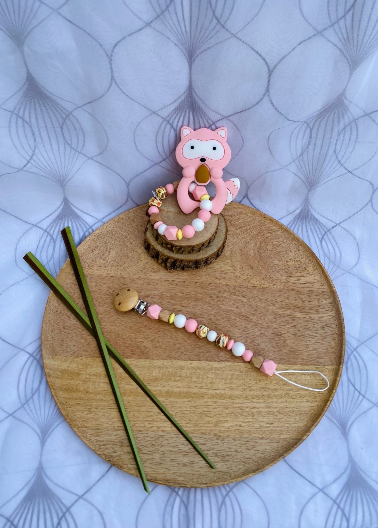 Coffret duo Raton laveur rose & attache - sucette - Mamour Créa