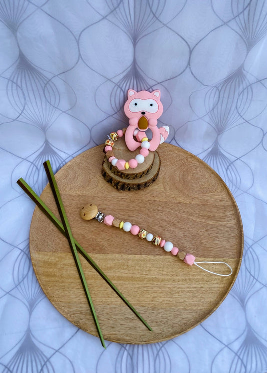 Coffret duo Raton laveur rose & attache - sucette - Mamour Créa